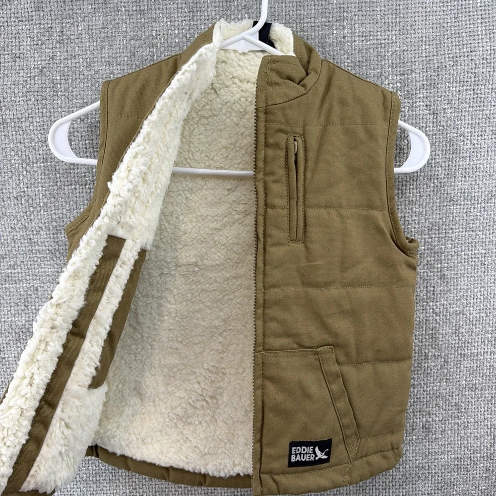 Eddie Bauer Kids Size 6 Tan Faux Sherpa Lined Vest‎ Blue Plaid Flannel Shirt Set